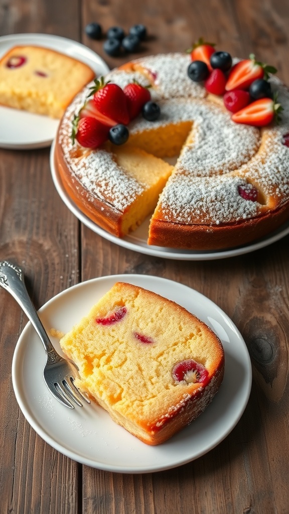 A golden yogurt cake dusted with powdered sugar, garnished with fresh berries, on a rustic wooden table.